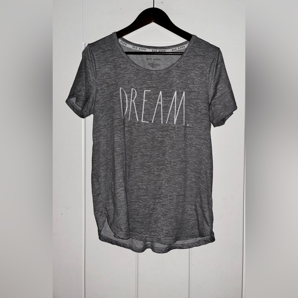 Rae Dunn DREAM Short Sleeve Scoop Neck Tee Shirt Gray Stretch Women M Casual